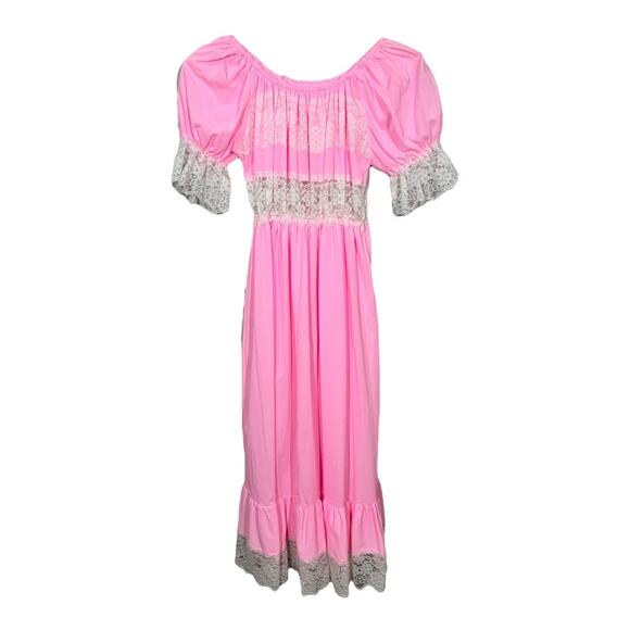 Vintage Perry Lingerie Nightgown Large Pink Silky Nylon Lace Trim Ruffle Long - Picture 1 of 7